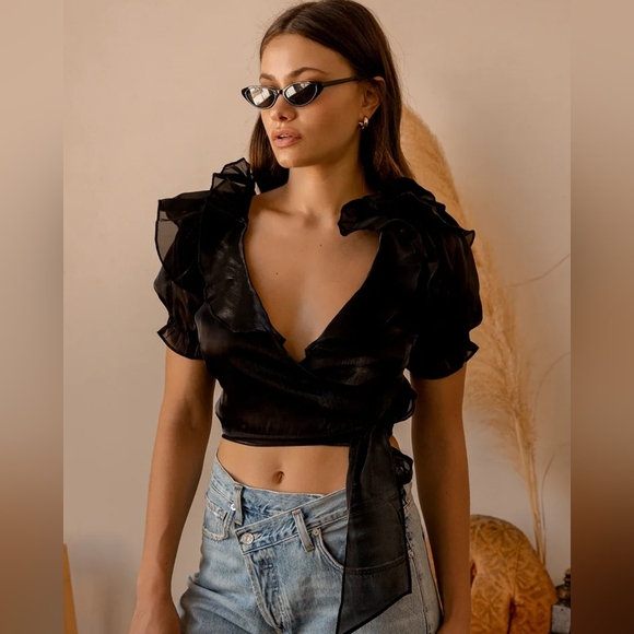 Lulu's Master of Style Black Puff Sleeve Cropped Wrap Top XS Bow Sheer Goth - Picture 8 of 14